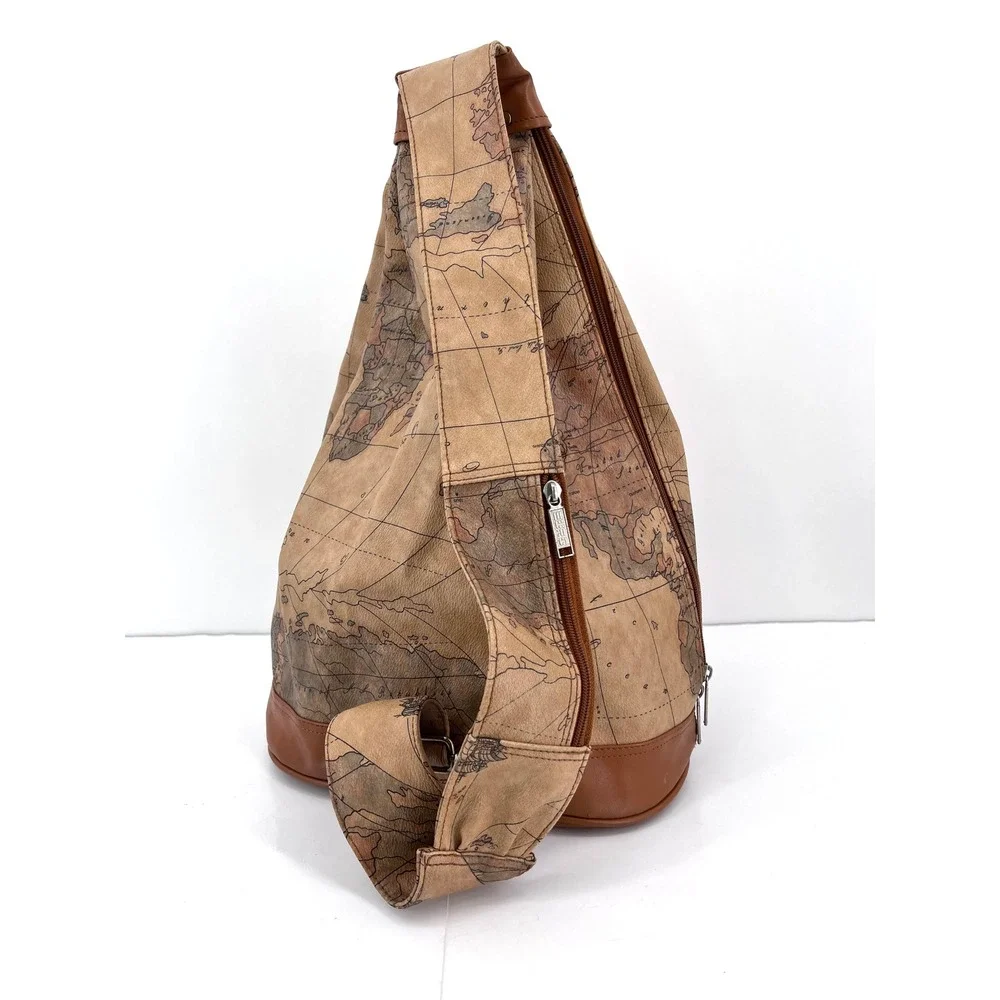 Euro Trends World Map Print Sling Backpack Brown Faux Leather‎ Travel Bag